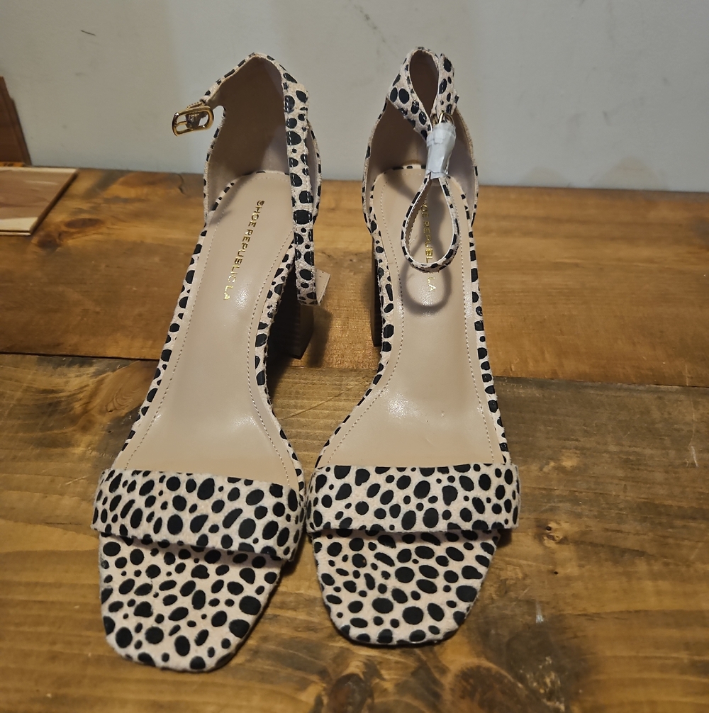 Shoe Republic LA Beige & Black Spotted Ankle-Strap Heels